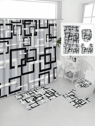 1/4件套黑白格纹视觉冲击图案印花防溅家用浴帘套装，包含12个挂钩、防滑垫、U型垫和圆形马桶盖套，加厚涤纶材质，防水防霉