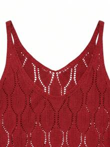 女士休闲V领纯色钩花开衩连衣裙，夏季纯白色，秋季返校季米黄色，秋冬季派对优雅长裙（图案随机）度假海滩 - 紅色 - 查看 9