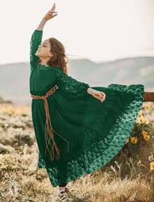 2026 Girls Elegant Lace Flower Boho Dress Long Sleeve Backless Square Neck Ruffle Party Maxi Dress - 08 Dark Green - View 3