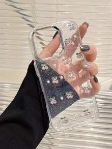 1pc Pink Cherry Pearl Transparent Phone Case, Compatible With IPhone 16 Pro Max, 17 Pro Max/15/14/13/12/11/16E, Anti-Drop Phone Protective Cover - Pink Cherry - View 3