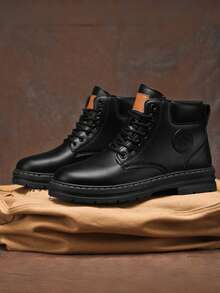 Men's Retro Work Boots, Durable Lace-Up Ankle Boots For Outdoor & Streetwear - Black - View 1