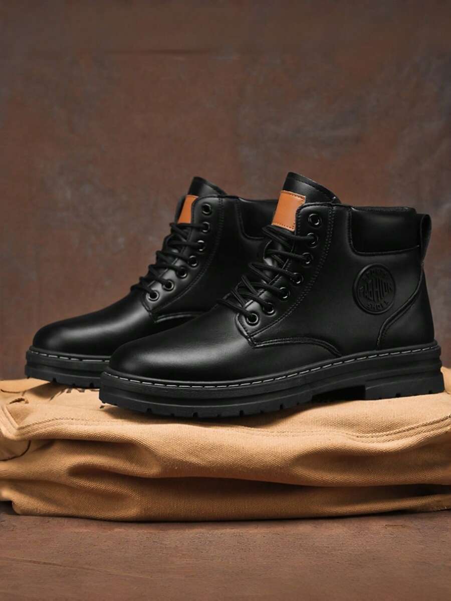 Men's Retro Work Boots, Durable Lace-Up Ankle Boots For Outdoor & Streetwear - Black - View 1