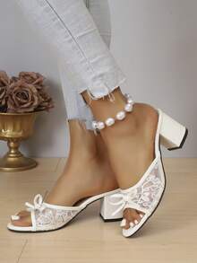 Women's Thick High Heel Round Toe Sandals, Spring/Summer New Narrow Heel Petite Sexy Open Toe Sandals, Bow Sandals - Beige - View 4