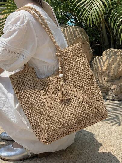 2026新款女士草编手提包，大容量编织包，带流苏，时尚百搭的沙滩度假单肩包