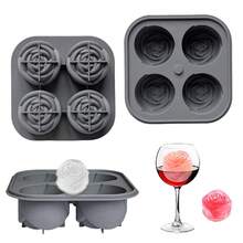 1个4格玫瑰花形硅胶冰格，3D冰模，适用于威士忌、鸡尾酒、饮料冷却 - 灰色 - 查看 3