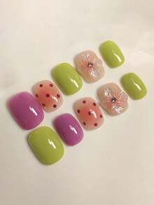 10pcs Handmade Short Square Nail Stickers, Green And Purple Color Block Design, Hand-Painted Polka Dot Pattern, 3D Carved Floral And Rhinestone Accents, Cute And Fresh, Suitable For Women And Girls Wear In Spring, Summer, Autumn, Winter, Parties And Daily - Green - View 2