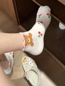 3双装女士袜子，可爱甜美小熊樱桃图案，简约字母设计，吸湿排汗柔软日常穿着袜子 - 彩色 - 查看 5