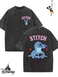 Disney-Licensed Men's Cotton T-Shirt For The 2026 Family Holiday. Featuring A Stitch Motif, Washed Crew Neck, Soft And Comfortable Feel, Easy Care And Suitable For Various Occasions Such As Holidays, Everyday Life And Commuting – Full Of Festive Spirit. - 黑色 - 查看 1