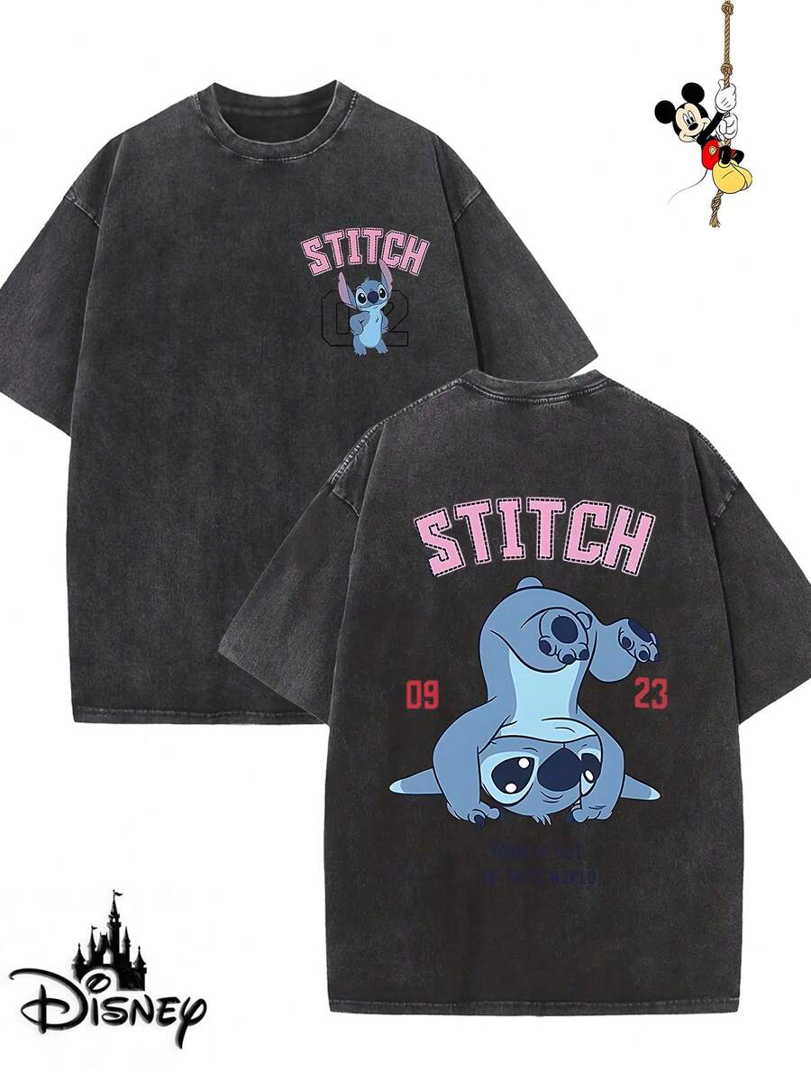 Disney-Licensed Men's Cotton T-Shirt For The 2026 Family Holiday. Featuring A Stitch Motif, Washed Crew Neck, Soft And Comfortable Feel, Easy Care And Suitable For Various Occasions Such As Holidays, Everyday Life And Commuting – Full Of Festive Spirit. - 黑色 - 查看 1