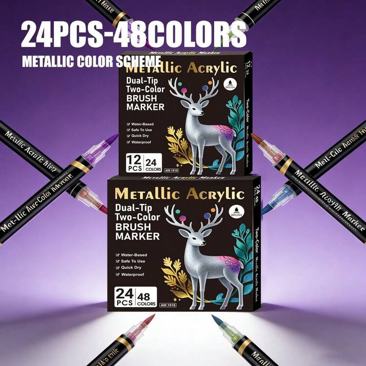 12/24/48 Colors Dual-Tip Acrylic Marker Pens Set, Metallic Colors, Water-Based Quick-Drying Waterproof Washable Art Painting Graffiti Brush Markers - Metal Marker Pen - View 6