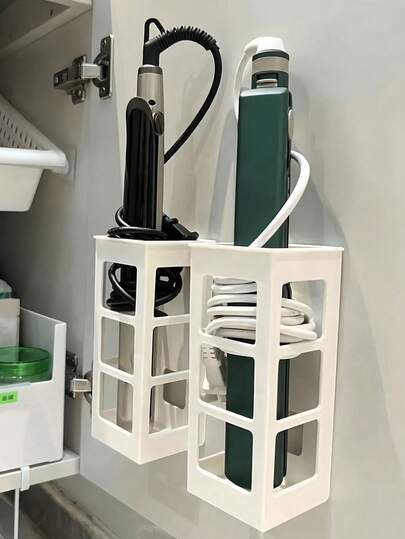 1pc No-Drill Wall Mounted Hair Tool Organizer Rack - Adjustable Height Storage Shelf, Hair Dryer Holder, Hair Tool Storage Rack, Adjustable Height Wall Mounted/Cabinet Door Bathroom Storage Rack, For Hair Dryer, Iron, Curling Iron & Straightener, Dual-Purpose Bathroom/Cabinet Door Storage With Heat-Resistant Design