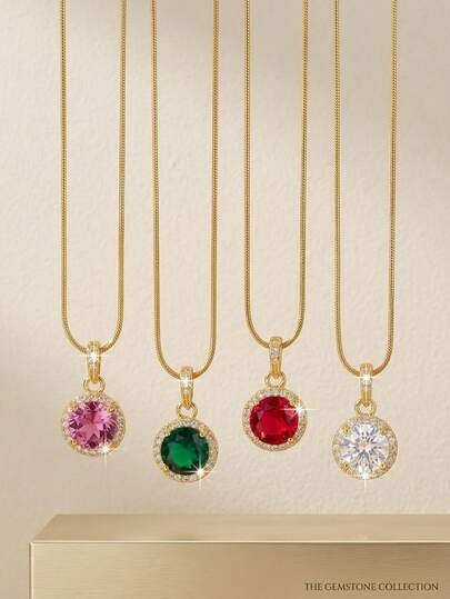 1pc Women's Luxury Gemstone Pendant Necklace Series - Round Cut Pink, Purple, Emerald Green, Red, And Clear White Diamond Halo Encrusted Statement Jewelry, Suitable For Office, Daily, Party, Valentine's Day, Birthday Gift For Best Friend, Anniversary