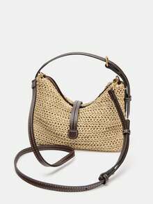 Bolso de cubo tejido. Asa ajustable. Correa para el hombro desmontable. Decoración de doble capa de cuentas en la parte delantera. Bolsillo con cremallera interior. Cierre con cremallera de metal. Adecuado para la playa, viajes, uso diario, casual, compras, transporte y como regalo - Beis - Ver 3