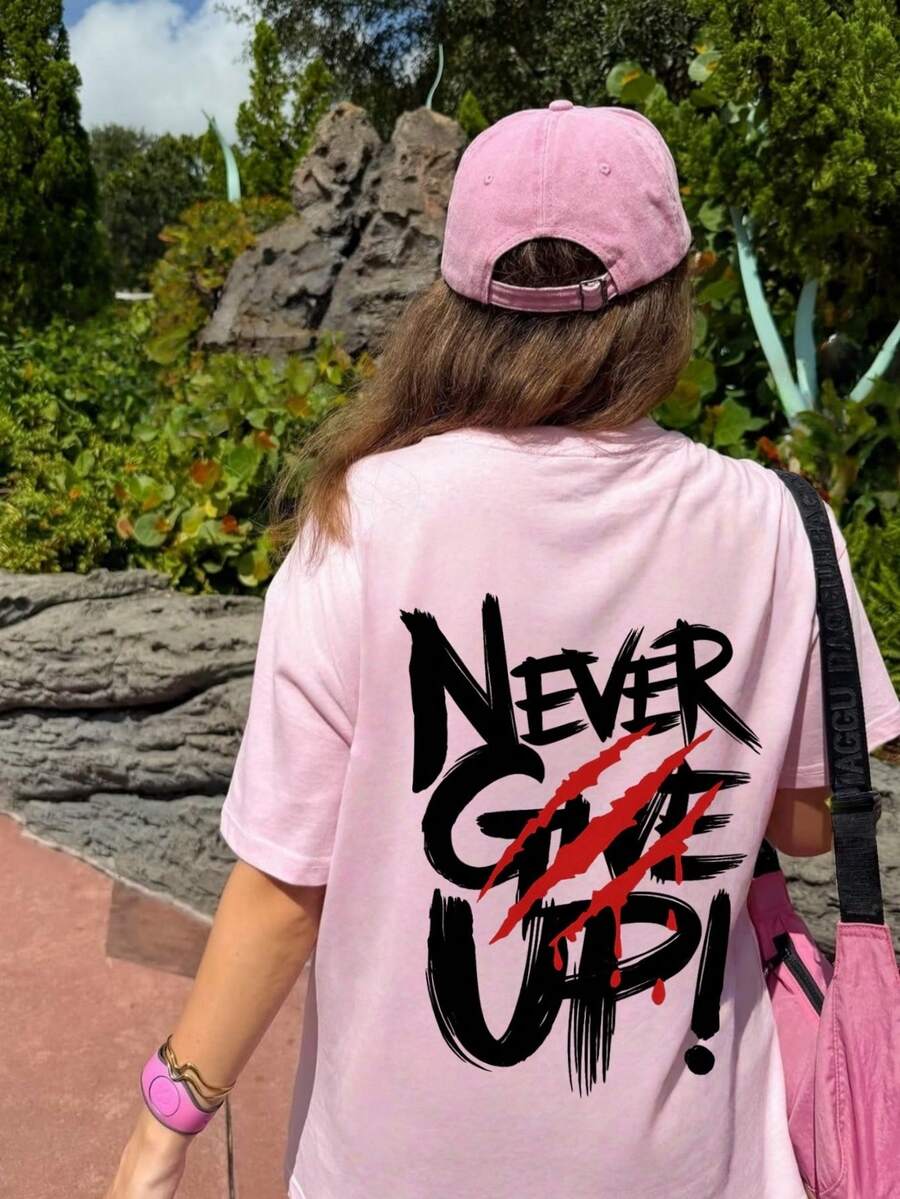1 pieza Camiseta de mujer de manga corta y cuello redondo de verano con estampado "¡NUNCA TE RINDAS!" en color rosa casual - Rosa - Ver 1