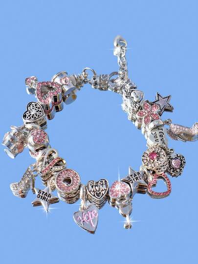 1 pieza Pulsera con dije de conciencia sobre el cáncer de mama, pulsera vintage con flor en forma de corazón, pulsera conmemorativa DIY con lazo rosa, pulsera conmemorativa DIY con letra de esperanza, pulsera con estrella y niña