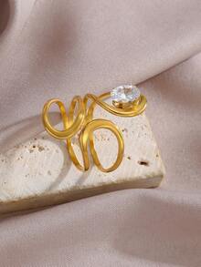 1pc Fashionable Stainless Steel Ring, Geometric Pattern Series 18K Gold Plated Design Inlaid With Cubic Zirconia, Casual Elegant Versatile High-End, Ideal Gift For Friends, Suitable For Women's Daily Wear, Also Suitable For Parties, Banquets, Weddings And Other Occasions - Gold - View 7