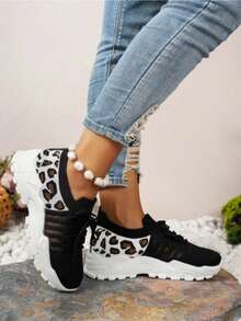 Lightweight Mesh Leopard Print Sneakers Lace-Up Style With Cushioned Sole Flexible & Comfortable Ideal For Gym Workouts Walking And Casual Daily Wear. - Black - View 5