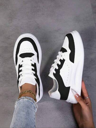 Women's Black & White Decorative Soft Bottom Sneakers, Casual Style, Suitable For All Seasons, Black & White Thick Sole Lace-Up Leisure Shoes