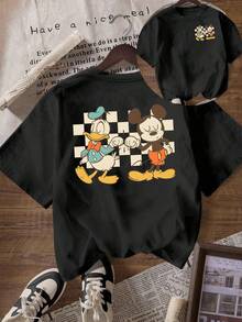 Disney Loose Edition Retro Checkerboard Pattern Donald Duck And Mickey Mouse Fist Before And After Printed T-Shirt, Suitable For Summer And Spring, Short Sleeved Top, Women's Clothing, Holiday Gift Party Clothing. - màu đen - Xem 1