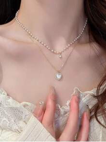 1 chiếc vòng cổ hai lớp đính ngọc trai và đá mắt mèo, trang sức đeo quanh xương quai xanh dành cho nữ, phụ kiện mùa hè, quà tặng sinh nhật. - Vàng - Xem 1