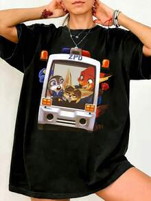 Disney Womens Casual Cotton Zootopia Print Short Sleeve Round Neck Regular Fit T-Shirt - 黑色 - 查看 1