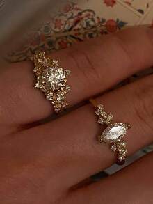 2pcs Luxury Oval Full Zirconia Elegant Party Wedding Vacation Bridal Adjustable Copper Ring Set For Women - Yellow Gold - View 3