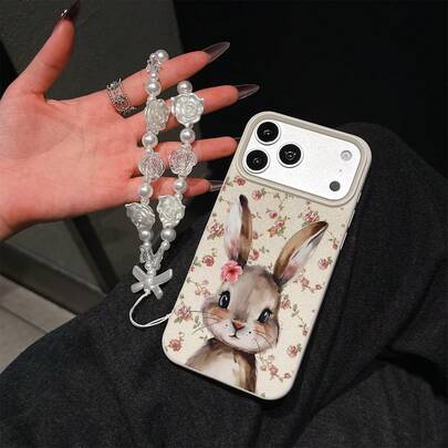1pc Rose Flower Pearl Bracelet + Rabbit Pattern TPU Leather Vintage White Apple Phone Case, Suitable As Birthday And Christmas Gift For Couples, Girlfriends, Daughters, Teenagers