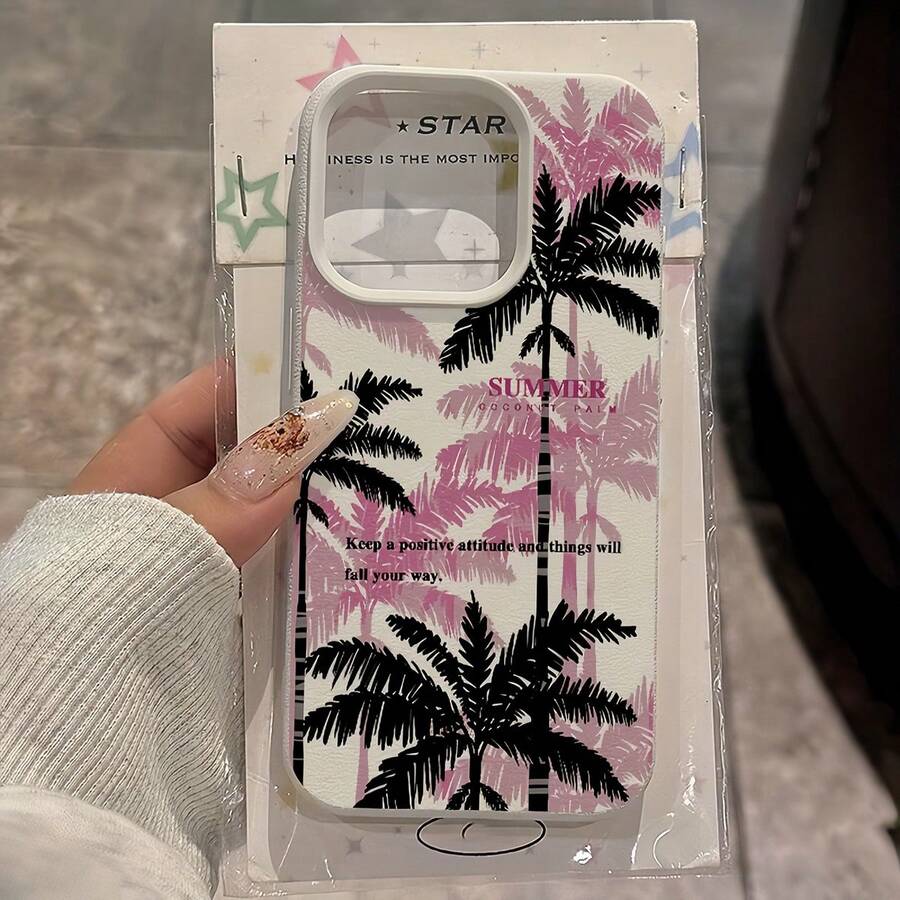 1个白色荔枝纹理哑光极简镜头保护手机壳,印有简单英文短语和粉色棕榈树图案,兼容 16 Pro Max、17/16/15/14 Plus、13/12/11系列 - 彩色 - 查看 1