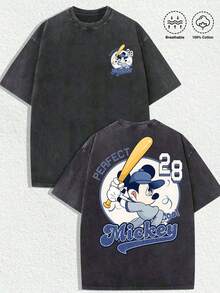 Disney Official Licensed Mouse Baseball "Perfect 28" Graphic T Shirts 100 Percent Cotton  Shirt Washed 230g Unisex - Black - View 3
