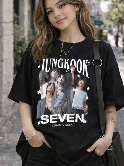 Camiseta gráfica de mujer Seven Days a Week - Mezcla suave, ajuste holgado, camiseta casual con fotos de miembros y diseño de SEVEN Tracklist, ropa de fan de K-negra para conciertos y atuendos casuales, camiseta de