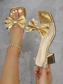 Women's High Heel Sandals With Butterfly Flower Design, Fashion Wedding Princess Shoes, Chunky Heel - Gold - View 3