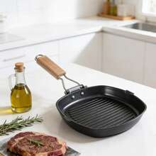 Juego de sartenes cuadradas antiadherentes para parrilla con mango de madera, sartén plegable y portátil para filetes, sartén apilable acanalada para asar filetes, tocino y carnes, sartén universal para barbacoa de interior compatible con estufas de gas, inducción y eléctricas. - Ver 2
