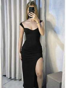 Elegant Women's Long RILARY Dress With Side Slit And Off-The-Shoulder Neckline – Fitted Style For Parties/Evenings - màu đen - Xem 2