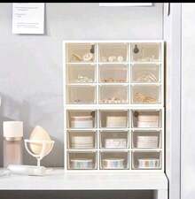 Caja de almacenamiento de cosméticos con 9 compartimentos, organizador a prueba de polvo para el escritorio del dormitorio de estudiantes, estante de almacenamiento de varias capas para tocador de oficina. - Multicolor - Ver 8
