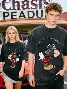 Disney Officially Licensed Graphic T Shirts 100 Percent Cotton Disney Shirt, Mickey & Minnie Couple T-Shirt, Unisex, Washed 230g, Retro Washed, Park Outfit, Crew Neck Casual Tee - 黑色 - 查看 1