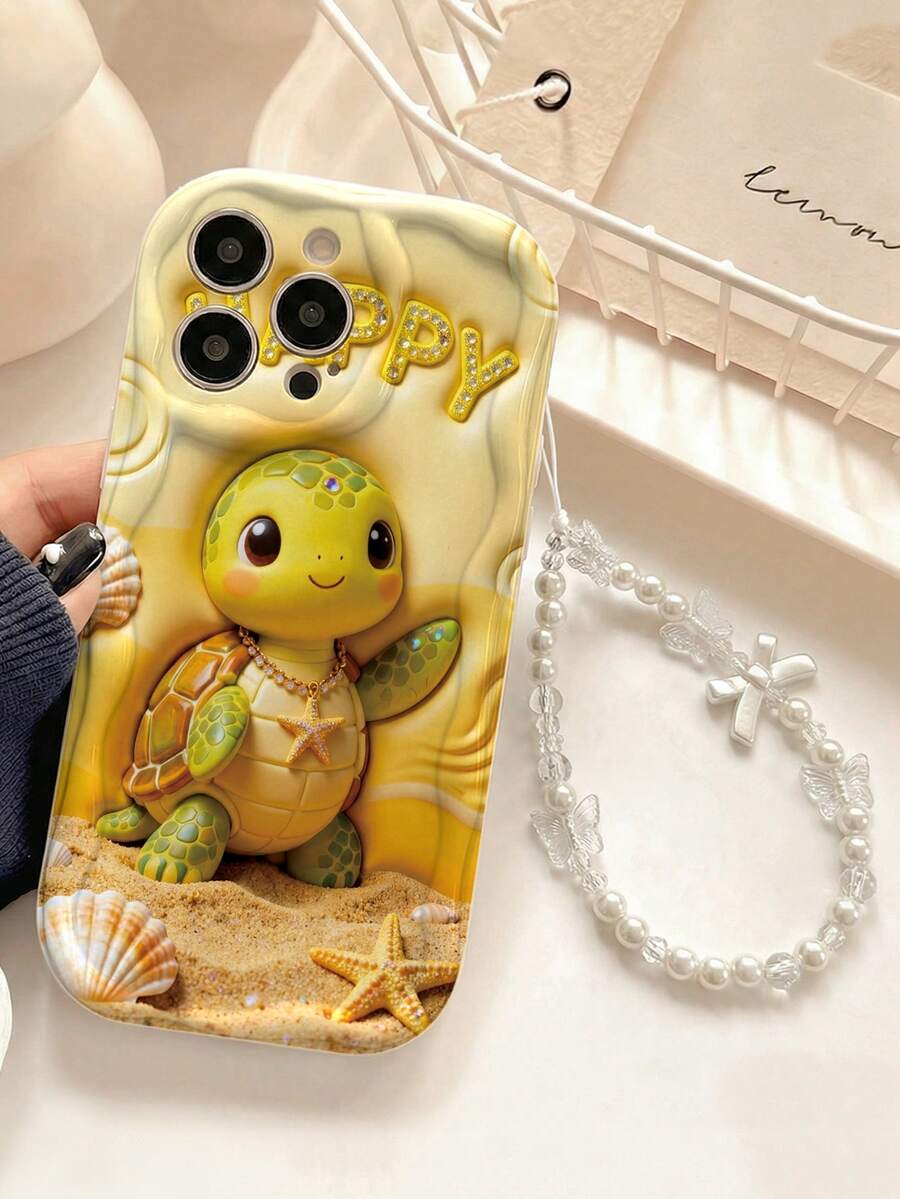 1pc Cute Turtle Print 2D Ocean Life Thick Shockproof Phone Case, With Bow Pearl Lanyard, Suitable For IPhone11/12/13/14/15promax, Galaxy A04/A05/A13/A14/A15/A24/A25/A35/A54/A55/S23/S24 - Multicolor - View 1