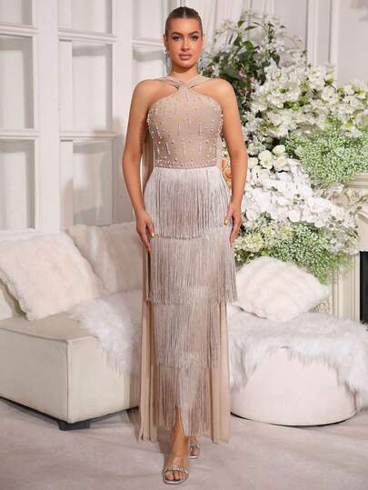 New Sleeveless Tassel Tie-Up Maxi Dress, Fashion Rhinestone + Pearl Decor Mesh Ribbon Design, Backless Bodycon Gown Suitable For Wedding, Holiday, Party, Formal Occasion