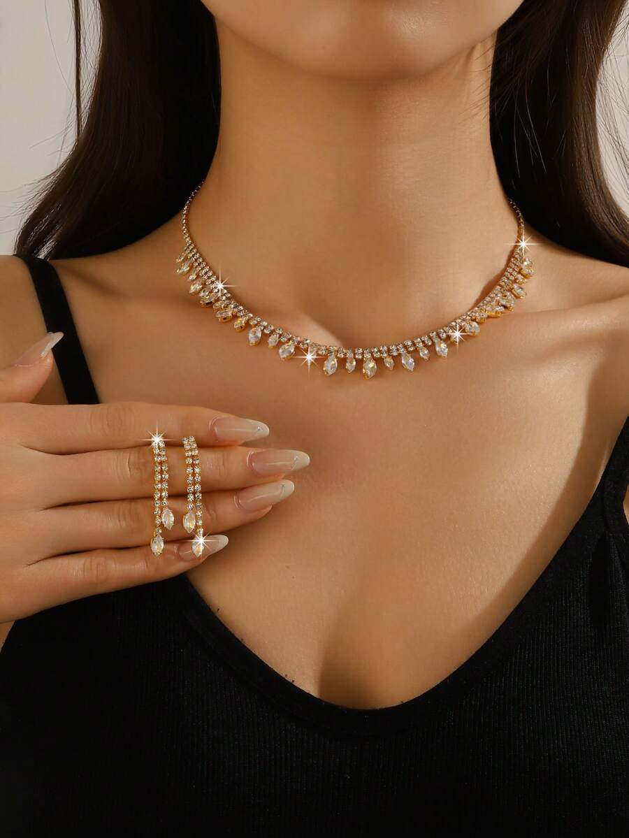 3pcs European And American Niche Rhinestone Tassel Wedding Necklace, Bridal Earrings, Banquet Jewelry, Collarbone Chain Earrings For Women Jewelry, Women Earrings - Multicolor - View 1