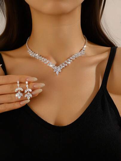 Luxury Crystal Zirconia Bridal Jewelry Set, V-Shaped Necklace And Earrings, Also Suitable For Bridesmaids, Evening Gowns And Parties