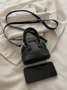 Bolso de mano mini de moda, bolso de concha pequeño de unicolor y textura de litchi versátil y elegante para mujer con correa de hombro ajustable - Negro - Ver 7
