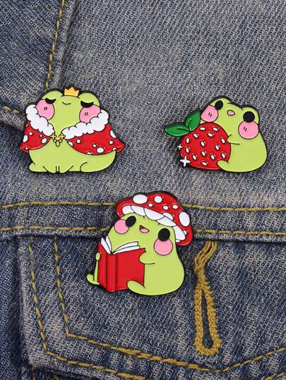 1/3pcs New Cute Frog, Strawberry, Mushroom, Crown Shaped Brooch Set, Zinc Alloy Women Brooch Pins, Personalized Bag Accessories, Fashion Decoration Brooch, Collar Pin, Bag Clip, Jewelry Gift, Suitable For Casual, Outdoor, Sports, Vacation, Graduation, Birthday, Daily Wear