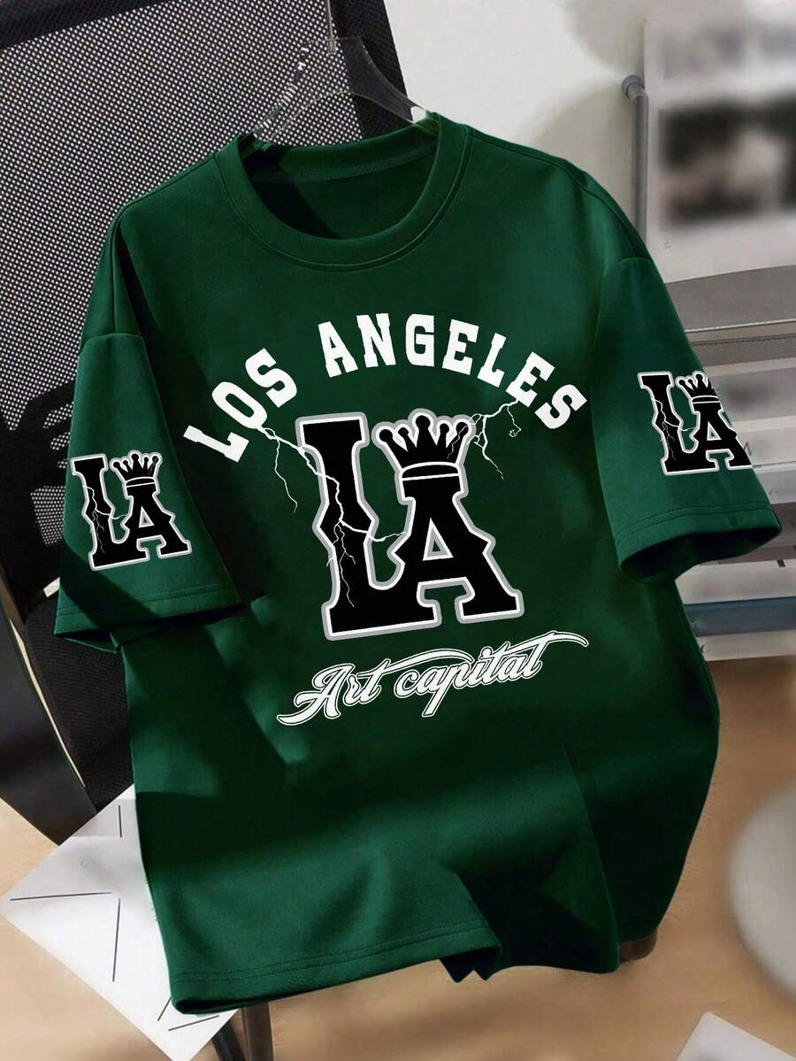 一件休闲简约洛杉矶及“LA”字母印花短袖T恤,街头艺术纹理风格,适合男孩日常上学穿着 - 墨綠色 - 查看 1