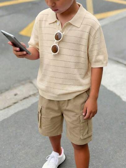 Boys' Solid Color Polo Collar Short Sleeve Lightweight Breathable Knit Pullover Sweater, Casual Daily Wear For Spring, Summer And Early Autumn