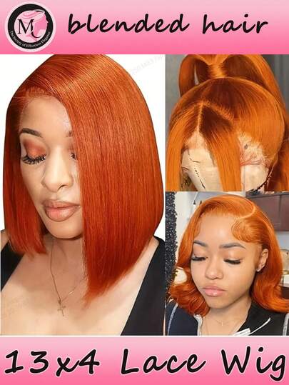 180% Lace Front Short Straight Bob Wig 350 Ginger Orange Color 13x4 Lace Frontal Wigs Straight Transparent Lace Bob Wigs Human Blended Hair Pre Plucked For Women