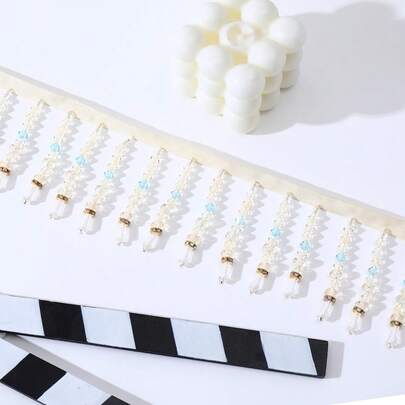 1 Yard Glass Beaded Tassel Trim, 8cm Wide Milky White Crystal Waterdrop Tassel Ribbon For Sewing, Dance Costumes, Curtains And DIY Decoration