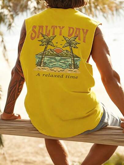 Men's Lightweight Summer Vacation Palm Tree Letter Print Casual Tank Top
