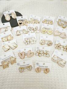 28 件装（随机发货）304 不锈钢白色花朵/镂空叶子圆形釉面水滴耳环，生日、周年纪念日、情人节礼物，男女皆宜日常佩戴 - 彩色 - 查看 2