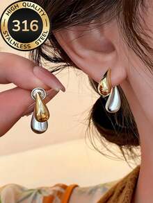 1 Paar hochwertige hypoallergene Wassertropfen Farbblock Gold & Silber Ohrstecker, 18K vergoldet, farbbeständig, bequem und vielseitig, minimalistisch, elegant, süß und modisch, hochwertige Damenohrringe geeignet für den täglichen Gebrauch oder Partys, Schmuckaccessoires, Sommerstrandurlaub, Reisen, tägliche Dekoration für Frauen, Kleidungskombination, Dating, Partys und andere Anlässe, kleines Geschenk für Freundinnen zu Feiertagen wie Jahrestagen - Gold - Übersicht 11