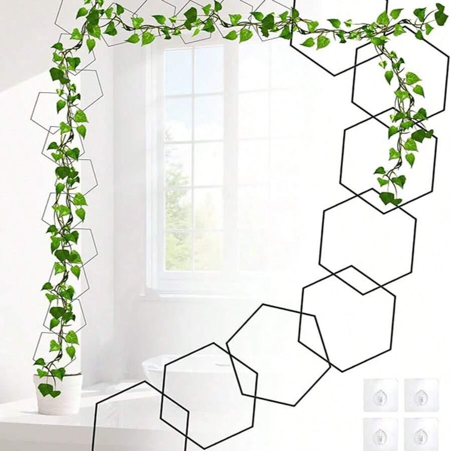 Metal Plant Trellis Set For Climbing Plants, 18 Geometric Plant Stands & 8 Hooks, Indoor Outdoor Vine Support For Monstera Pothos Ivy, Garden Wall Grid Plant Decor Accessories - B-黑色 - 查看 1