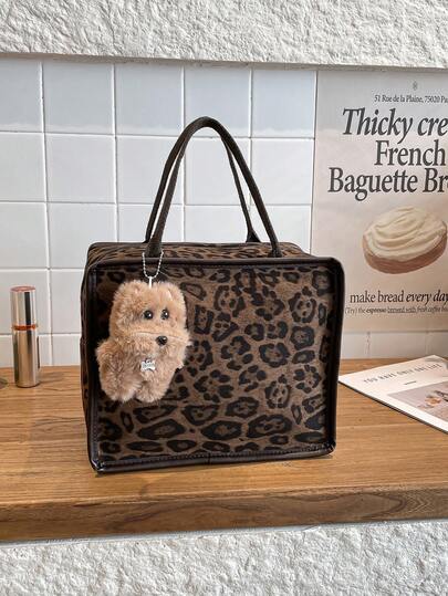 Women's Classic Leopard Print Canvas Handbag & Makeup Bag, Simple & Portable, Large Capacity, Adorable Plush Pendant, Essential For Girls & Office Workers For Travel, Perfect As Birthday Gift